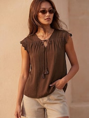 Roman Brown Satin Crochet Tie Front Tunic Top - Image 1 of 4