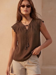 Roman Brown Satin Crochet Tie Front Tunic Top - Image 2 of 4