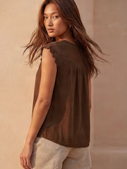 Roman Brown Satin Crochet Tie Front Tunic Top - Image 3 of 4