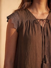 Roman Brown Satin Crochet Tie Front Tunic Top - Image 4 of 4