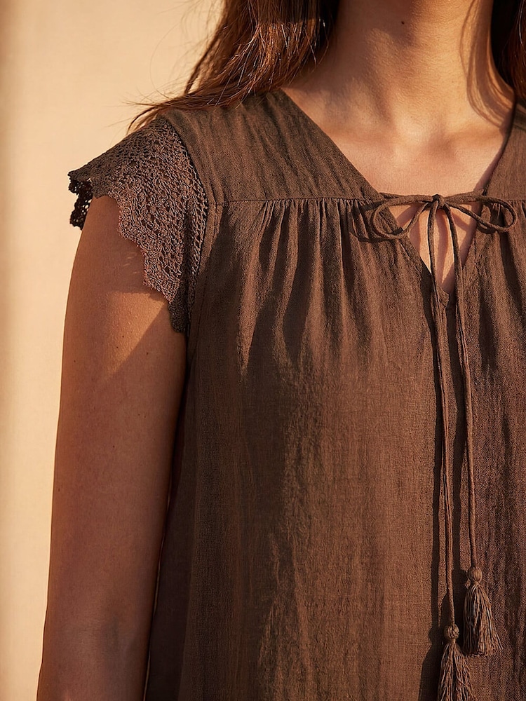 Roman Brown Satin Crochet Tie Front Tunic Top - Image 4 of 4