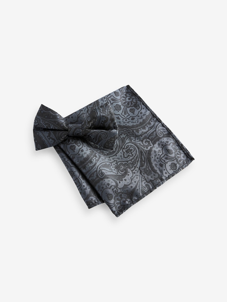 Black/Silver Paisley Bow Tie And Pocket Square Set - Image 1 of 4