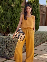 Mustard Yellow Premium 100% Linen Wide Leg Trousers - Image 1 of 6