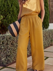 Mustard Yellow Premium 100% Linen Wide Leg Trousers - Image 2 of 6