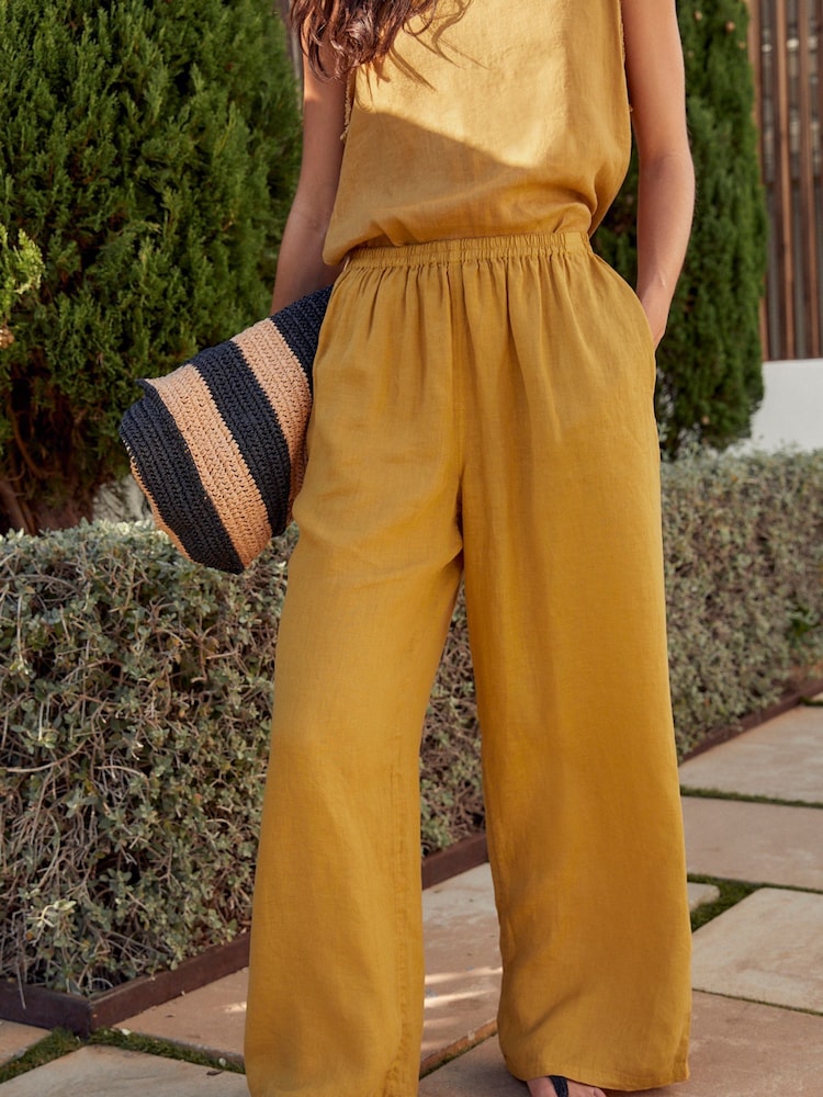 Mustard Yellow Premium 100% Linen Wide Leg Trousers - Image 2 of 6