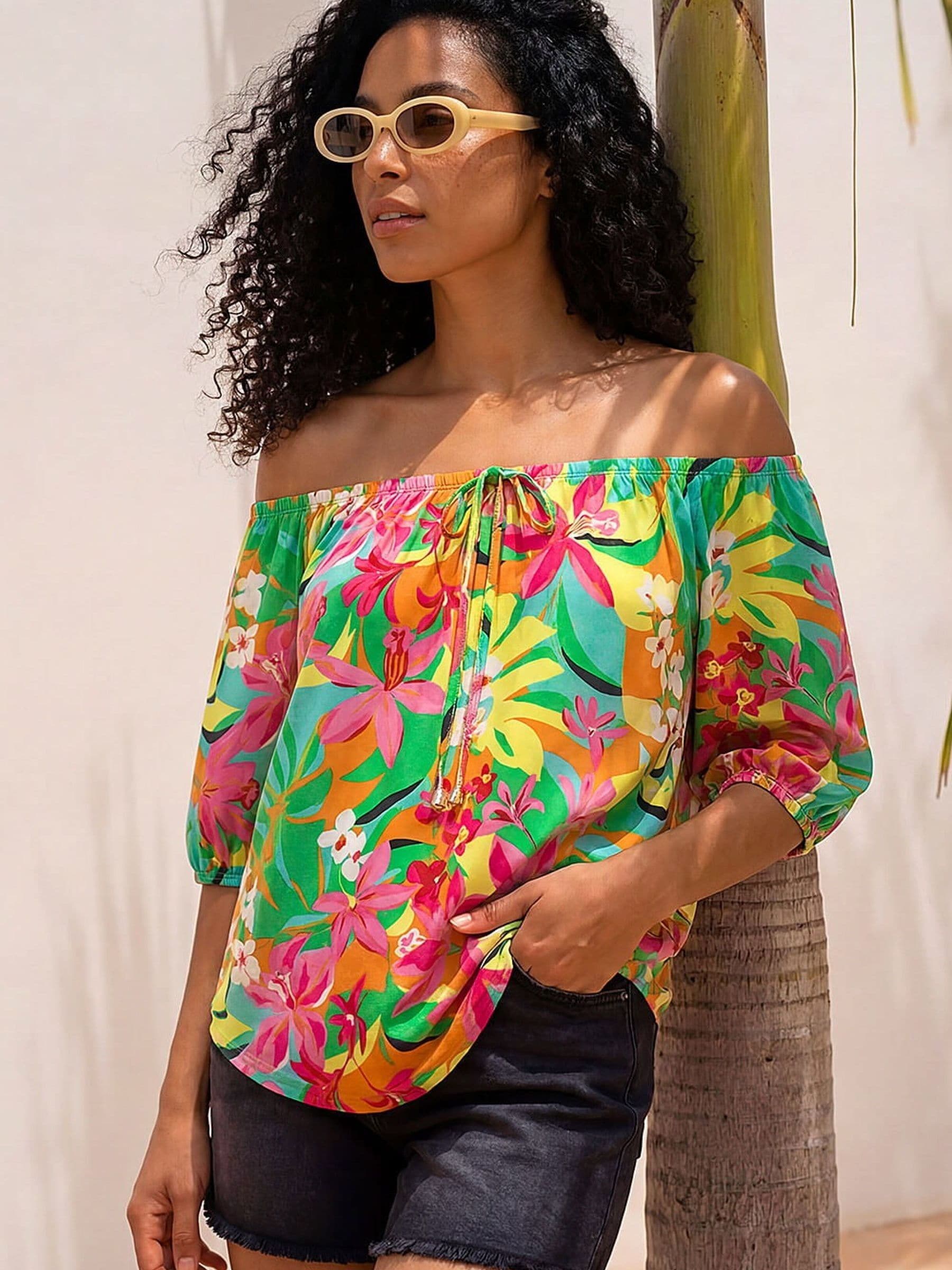 Roman Women's Green Floral Print Bardot Top