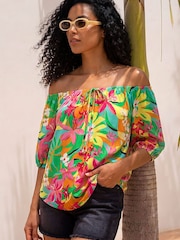 Roman Green Floral Print Bardot Top - Image 1 of 4