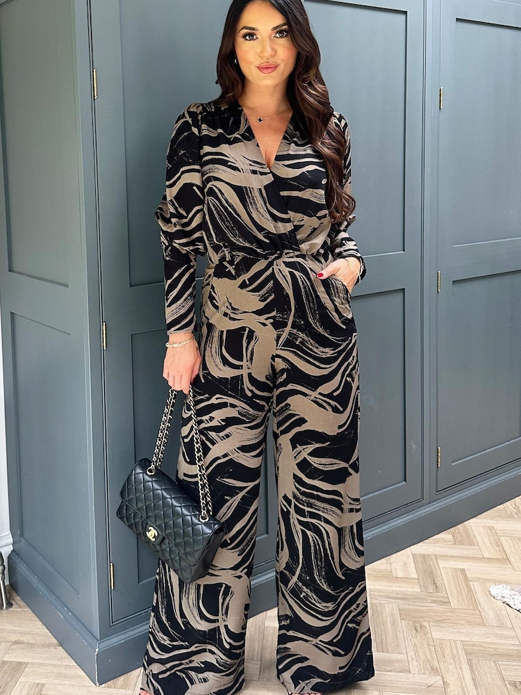 AX Paris Print Wrap Top Black and Khaki Jumpsuit - Image 1 of 5