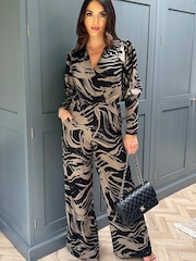 AX Paris Print Wrap Top Black and Khaki Jumpsuit - Image 3 of 5