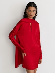 Reiss Red Ottilie Satin Cape-Detail Mini Dress - Image 1 of 9