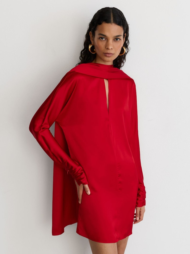 Reiss Red Ottilie Satin Cape-Detail Mini Dress - Image 1 of 9 Reiss Red Ottilie Satin Cape-Detail Mini Dress - Image 1 of 9