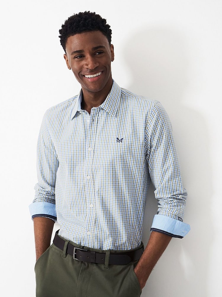 Crew Clothing Blue Slim Fit Peached Poplin Tattersall 100% Cotton Shirt - Image 5 of 5
