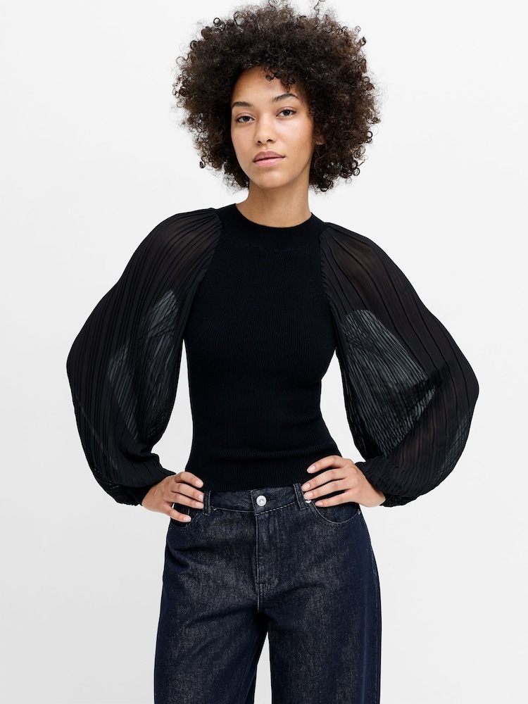 French Connection Black Krista Mix Pleated Sleeve Blouse - Image 1 of 6 French Connection Black Krista Mix Pleated Sleeve Blouse - Image 1 of 6
