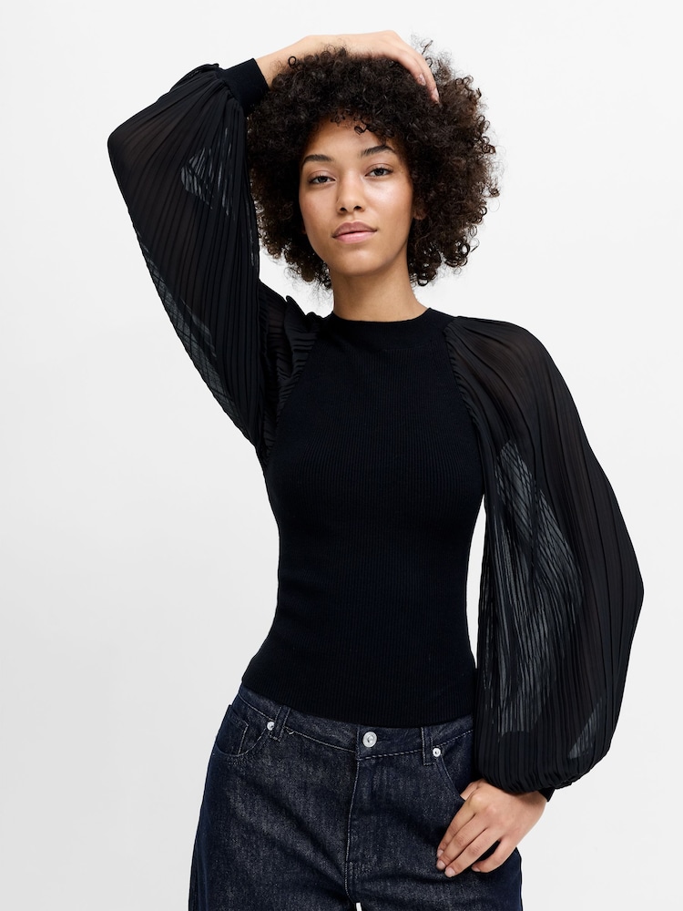 French Connection Black Krista Mix Pleated Sleeve Blouse - Image 2 of 6 French Connection Black Krista Mix Pleated Sleeve Blouse - Image 2 of 6