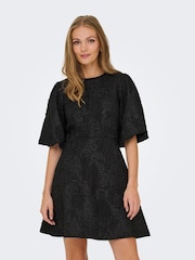 JDY Black Textured Puff Sleeve Mini Dress With Tie-Back Detail - Image 1 of 6