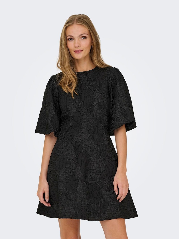 JDY Black Textured Puff Sleeve Mini Dress With Tie-Back Detail - Image 1 of 6 JDY Black Textured Puff Sleeve Mini Dress With Tie-Back Detail - Image 1 of 6