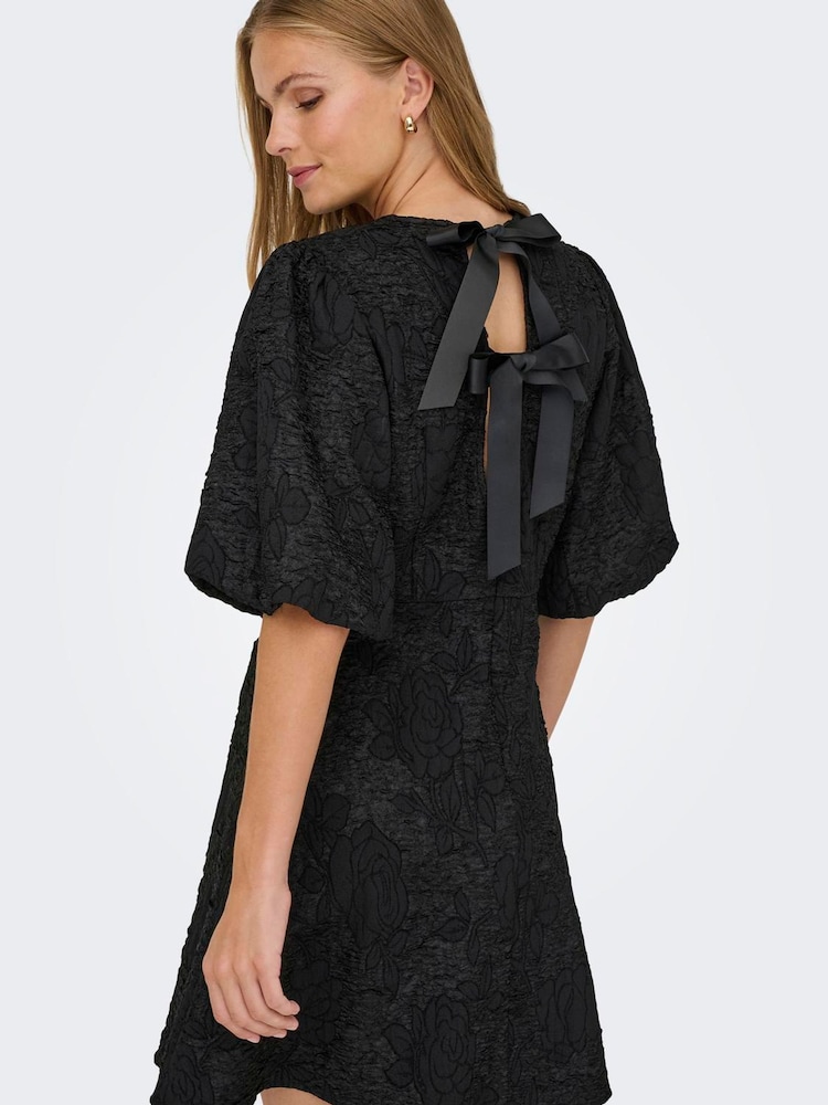 JDY Black Textured Puff Sleeve Mini Dress With Tie-Back Detail - Image 2 of 6 JDY Black Textured Puff Sleeve Mini Dress With Tie-Back Detail - Image 2 of 6