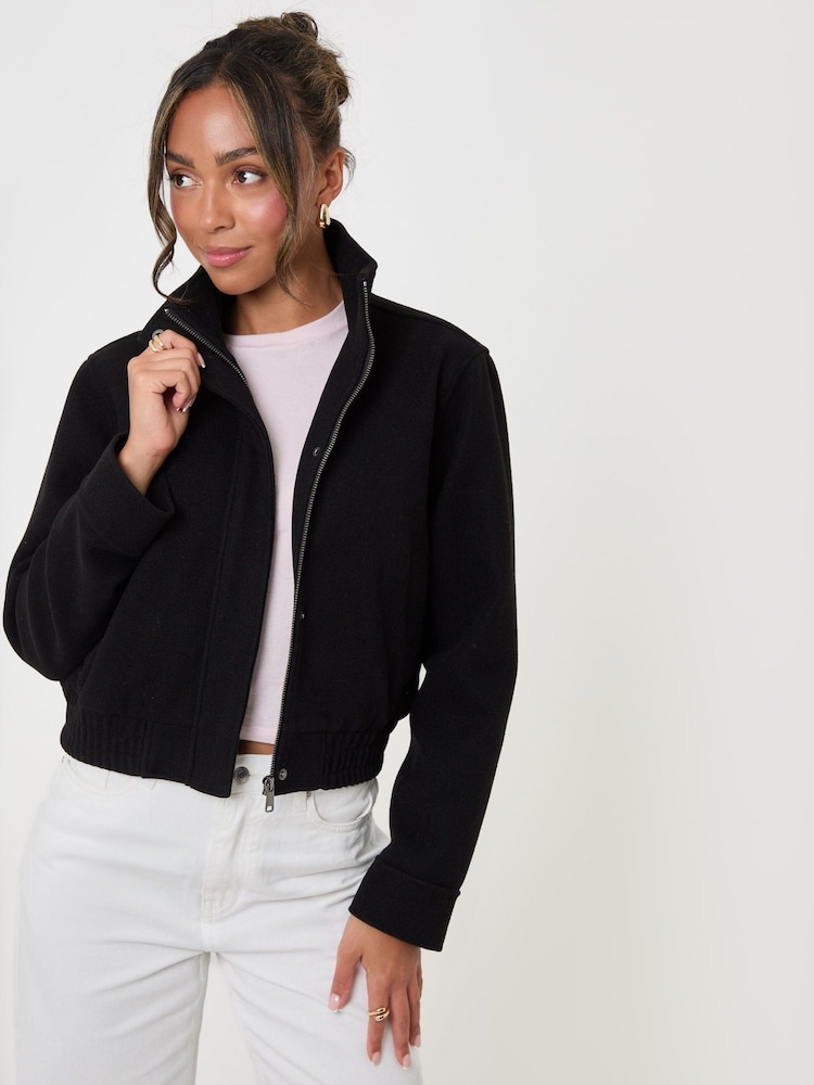 Threadbare Black Faux Wool Funnel Neck Bomber Jacket - Image 1 of 4 Threadbare Black Faux Wool Funnel Neck Bomber Jacket - Image 1 of 4