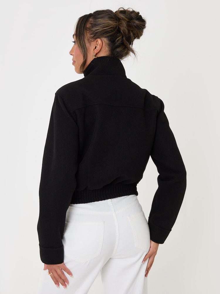 Threadbare Black Faux Wool Funnel Neck Bomber Jacket - Image 2 of 4 Threadbare Black Faux Wool Funnel Neck Bomber Jacket - Image 2 of 4