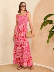 Love & Roses Red Floral Strappy Shirred Maxi Summer Dress - Image 1 of 4