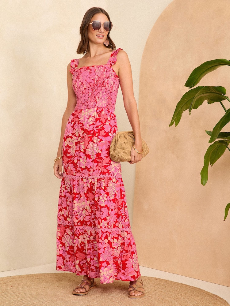 Love & Roses Red Floral Strappy Shirred Maxi Summer Dress - Image 1 of 4 Love & Roses Red Floral Strappy Shirred Maxi Summer Dress - Image 1 of 4
