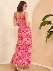 Love & Roses Red Floral Strappy Shirred Maxi Summer Dress - Image 3 of 4
