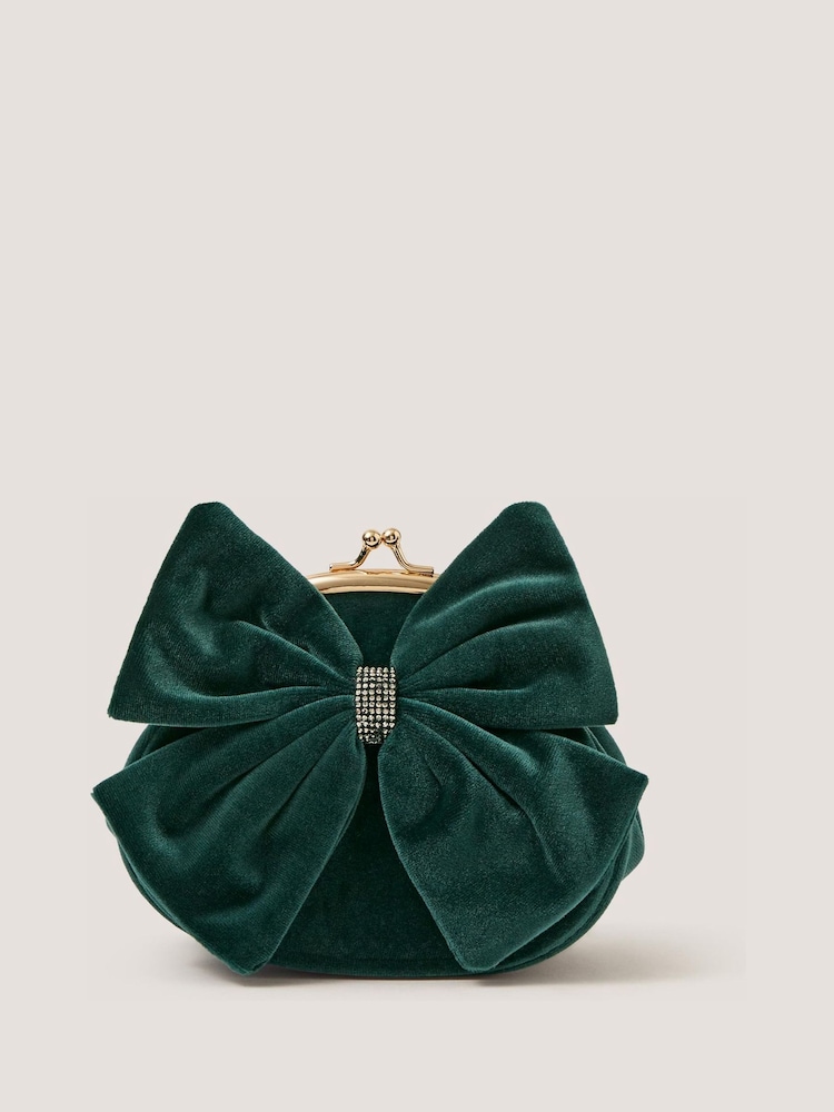 Monsoon Green Velvet Bow Clip Frame Bag - Image 1 of 2 Monsoon Green Velvet Bow Clip Frame Bag - Image 1 of 2