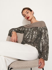 Gold Long Sleeve Sequin Sparkle Top - Image 1 of 6