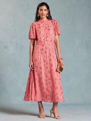 Love & Roses Pink Printed Metallic Flutter Sleeve Midi Dress - Image 1 of 4