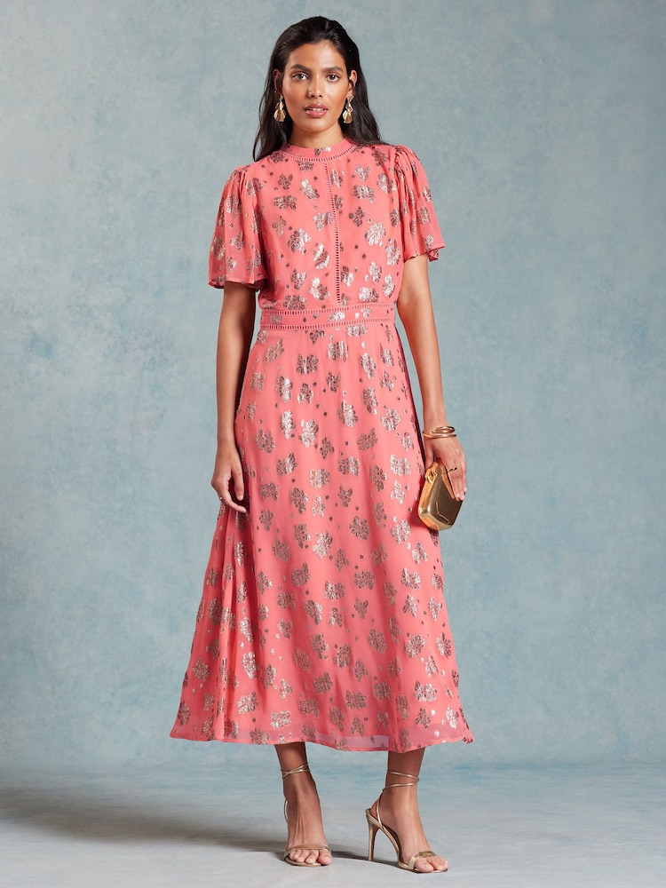 Love & Roses Pink Printed Metallic Flutter Sleeve Midi Dress - Image 1 of 4 Love & Roses Pink Printed Metallic Flutter Sleeve Midi Dress - Image 1 of 4