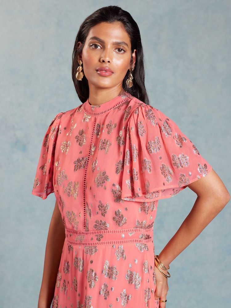 Love & Roses Pink Printed Metallic Flutter Sleeve Midi Dress - Image 2 of 4 Love & Roses Pink Printed Metallic Flutter Sleeve Midi Dress - Image 2 of 4