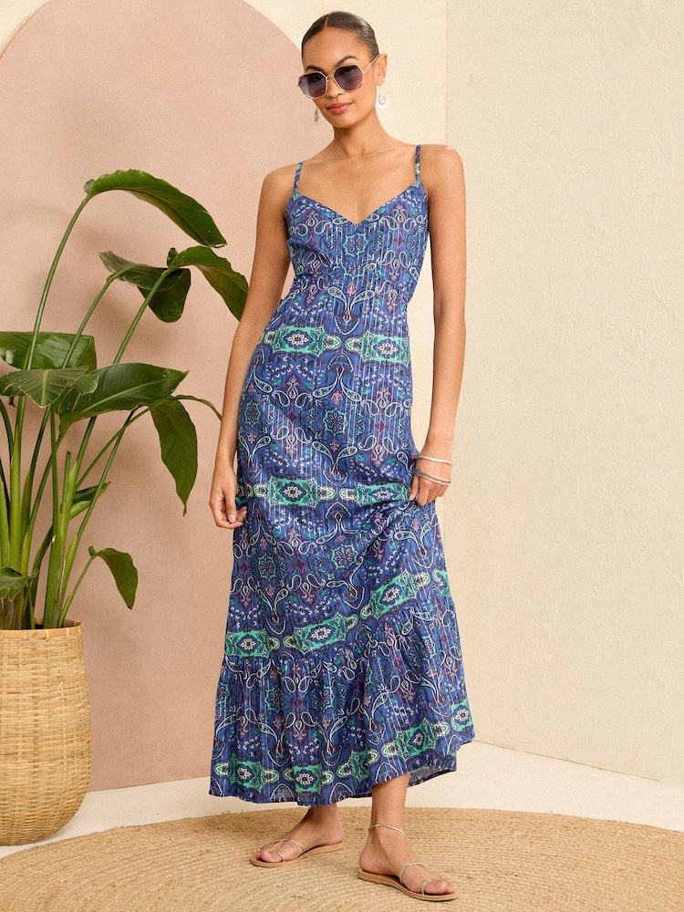 Love & Roses Blue Paisley Printed Maxi Beach Dress - Image 1 of 4 Love & Roses Blue Paisley Printed Maxi Beach Dress - Image 1 of 4