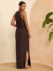 Love & Roses Brown Dash Foil Halter Neck Trim Detail Jersey Maxi Dress - Image 3 of 4