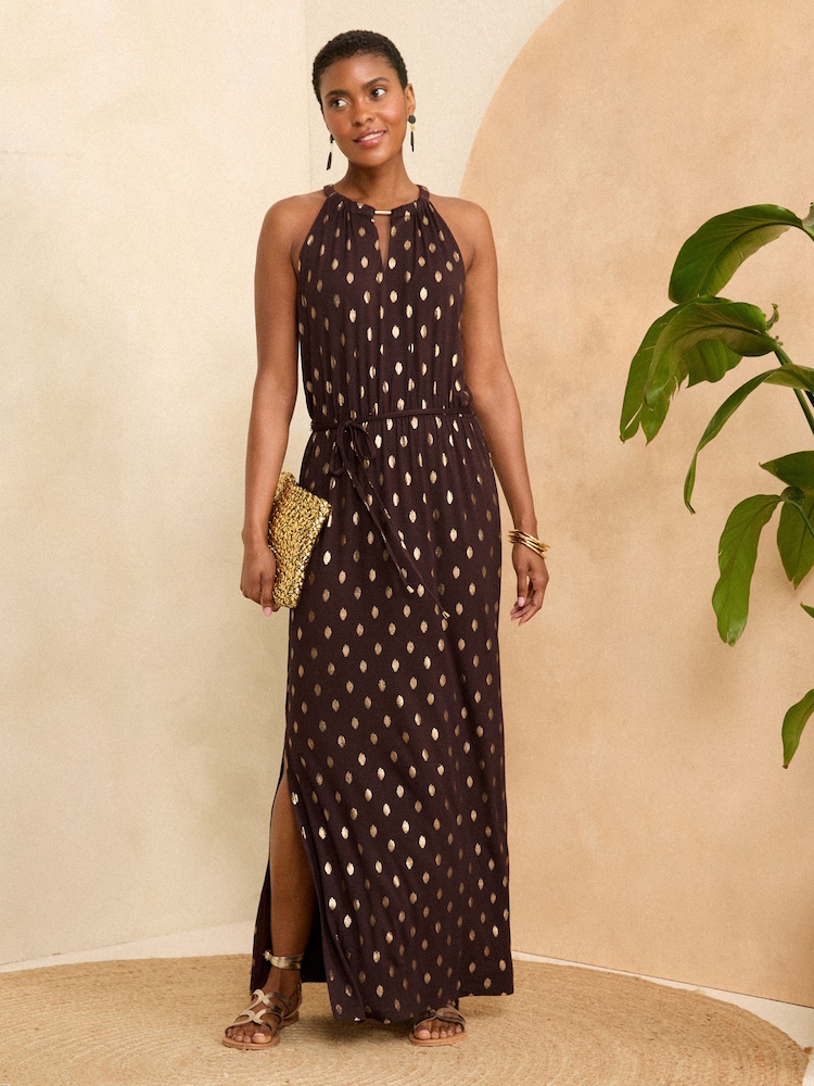 Love & Roses Brown Dash Foil Halter Neck Trim Detail Jersey Maxi Dress - Image 4 of 4 Love & Roses Brown Dash Foil Halter Neck Trim Detail Jersey Maxi Dress - Image 4 of 4
