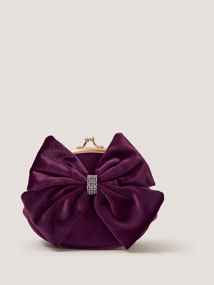 Monsoon Purple Velvet Bow Clip Frame Bag - Image 1 of 3 Monsoon Purple Velvet Bow Clip Frame Bag - Image 1 of 3