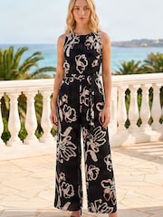 Roman Black Floral Print Chiffon Jumpsuit - Image 1 of 4