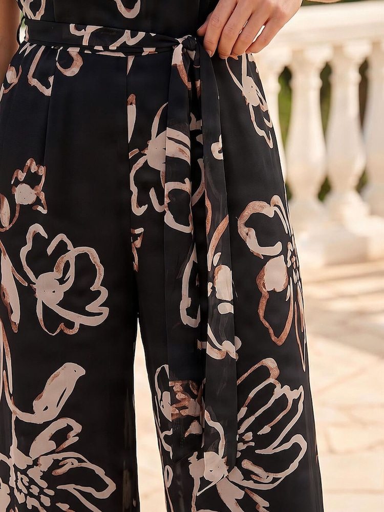 Roman Black Floral Print Chiffon Jumpsuit - Image 4 of 4 Roman Black Floral Print Chiffon Jumpsuit - Image 4 of 4