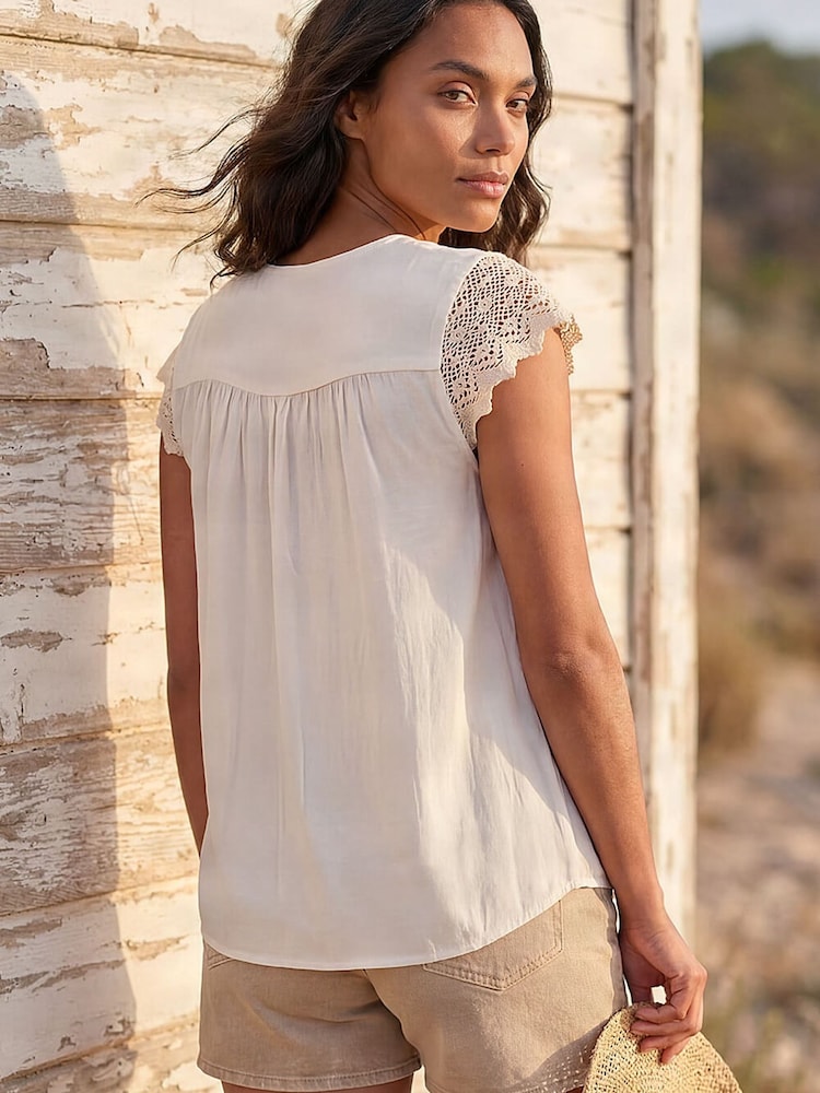 Roman White Satin Crochet Tie Front Tunic Top - Image 2 of 4
