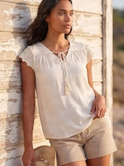 Roman White Satin Crochet Tie Front Tunic Top - Image 3 of 4