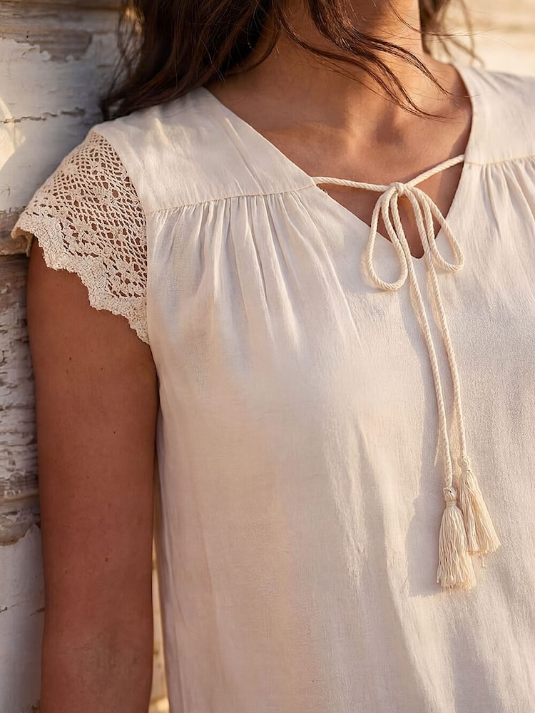Roman White Satin Crochet Tie Front Tunic Top - Image 4 of 4
