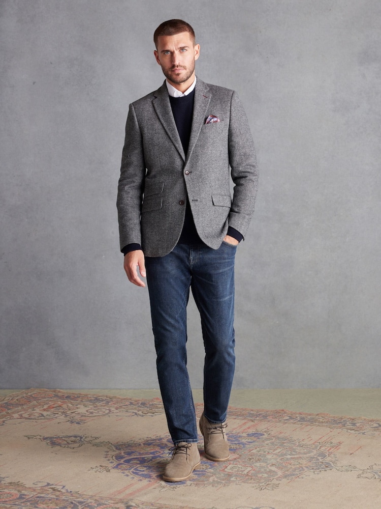 Grey Regular Fit Nova Fides Signature Herringbone Wool Blazer - Image 2 of 6