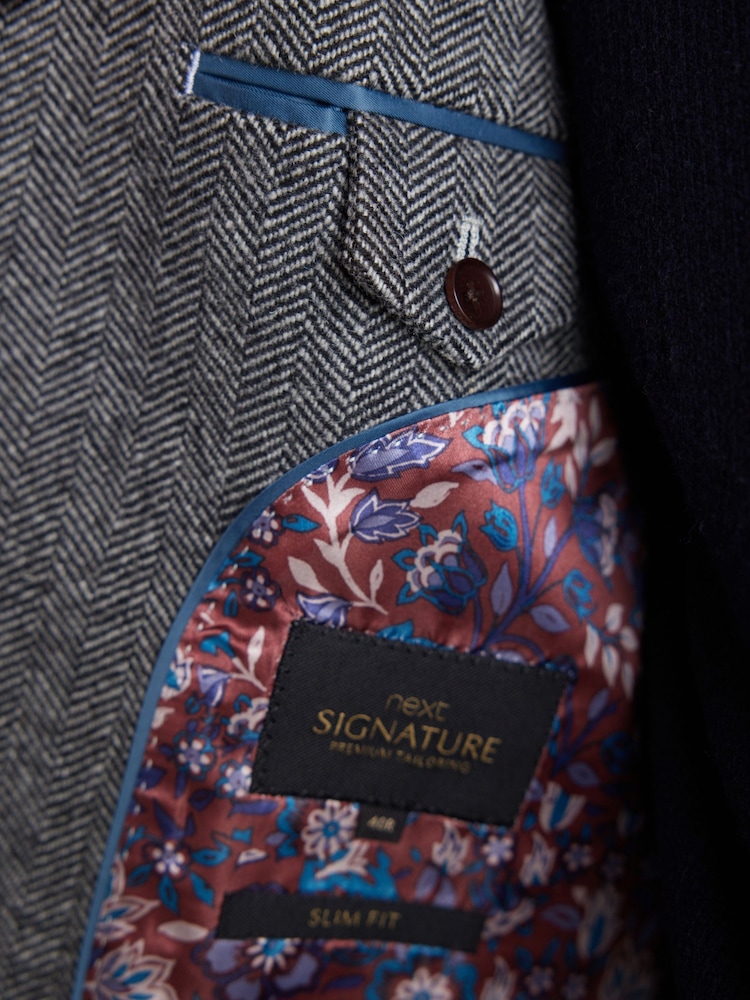 Grey Regular Fit Nova Fides Signature Herringbone Wool Blazer - Image 6 of 6