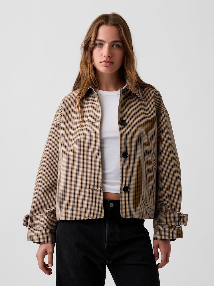 Gap Brown Check Oversized Crop Trench Jacket - Image 1 of 5 Gap Brown Check Oversized Crop Trench Jacket - Image 1 of 5