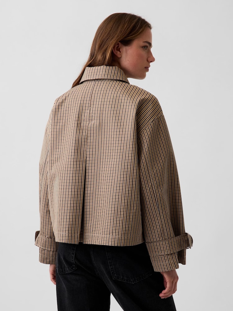 Gap Brown Check Oversized Crop Trench Jacket - Image 2 of 5 Gap Brown Check Oversized Crop Trench Jacket - Image 2 of 5