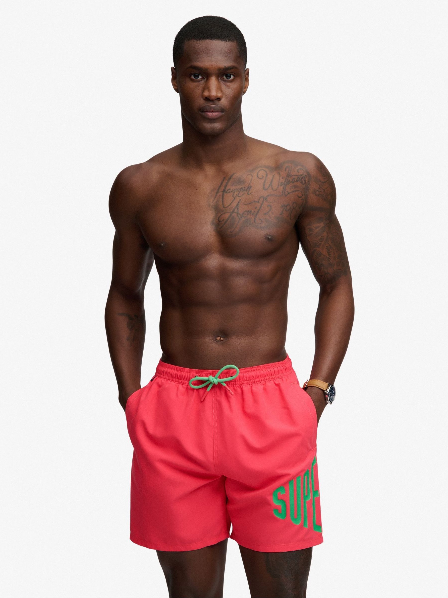 Superdry Men's Pink Printed Logo 16-Inch Swim Shorts