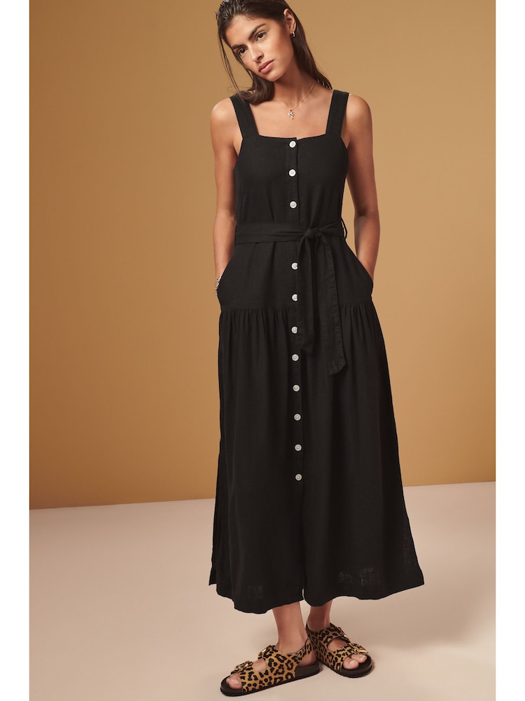 Black Linen Blend Midi Dress - Image 2 of 7