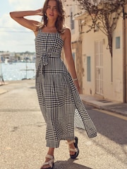 Black/White Linen Blend Midi Dress - Image 1 of 6