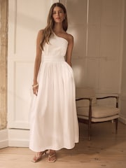 White Premium One Shoulder Midi Dress With Linen - Image 2 of 6