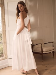 White Premium One Shoulder Midi Dress With Linen - Image 3 of 6