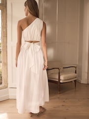 White Premium One Shoulder Midi Dress With Linen - Image 4 of 6